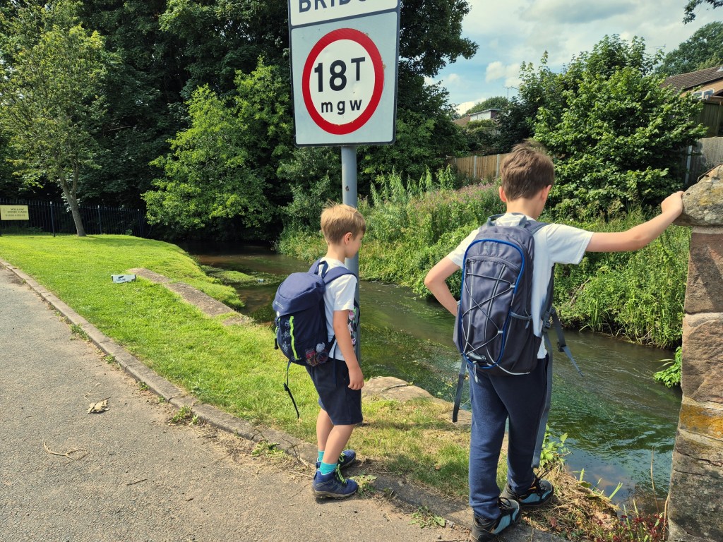 2 boys with backpacks look into a flowing River