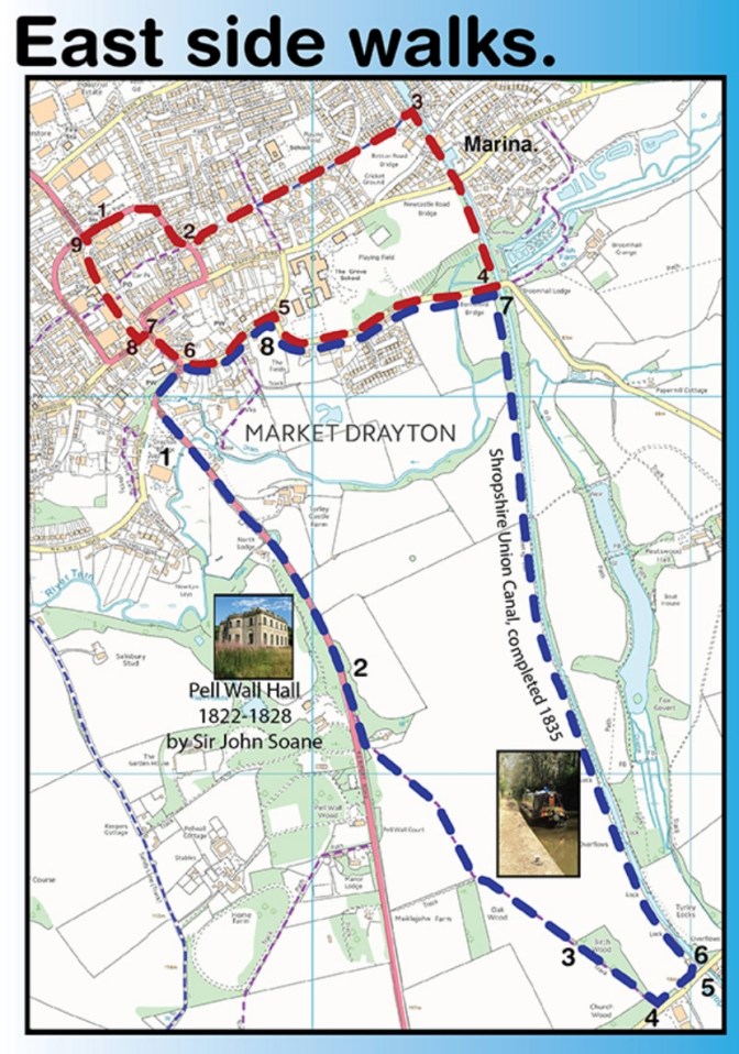 A map of the East Side Tern Valley walks showing a shorter walk in red and a longer walk in blue