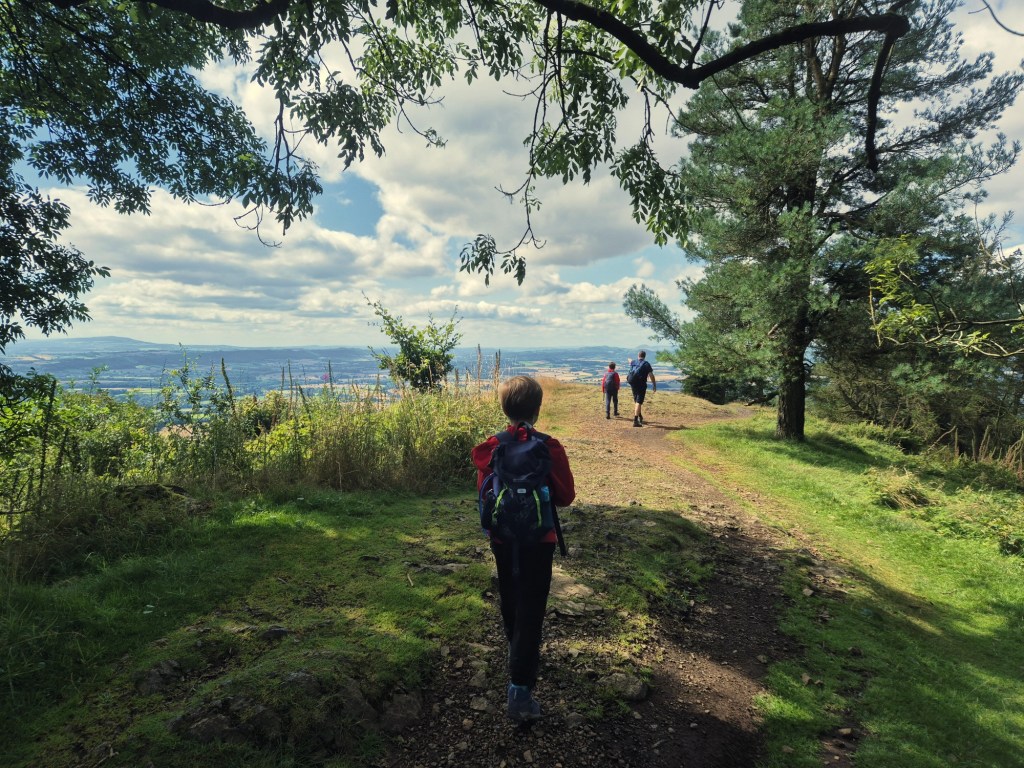 a boy walks along a rocky path through trees with far reaching views in the distance