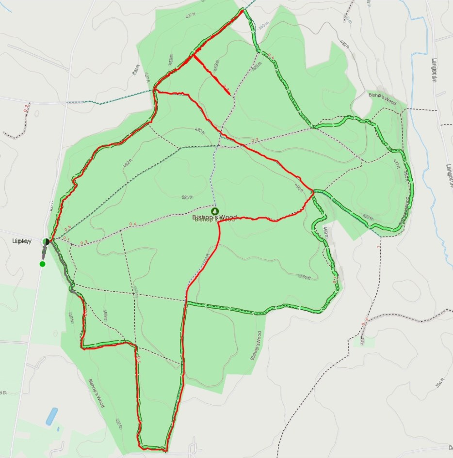 A map of the Bishop's Wood Circular Walk, overlayed with another route taken by a family.