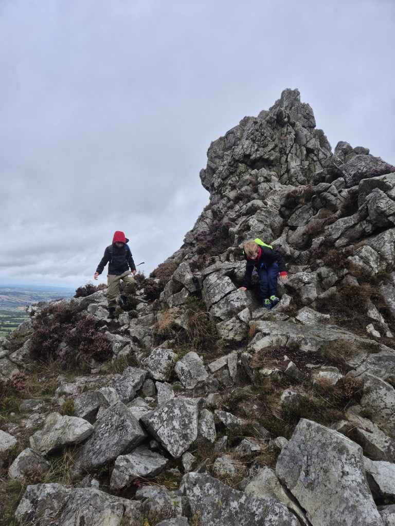 2 boys scaled a rocky outcrop at the top of a hill