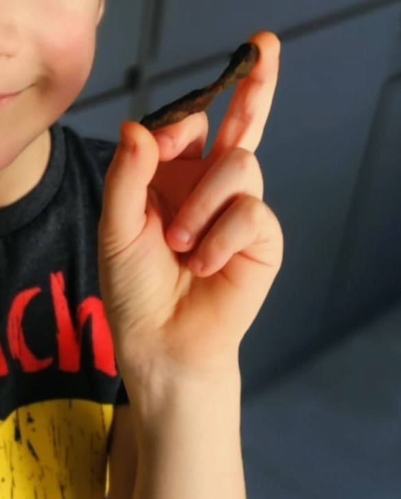 A rusty nail being held by a small child