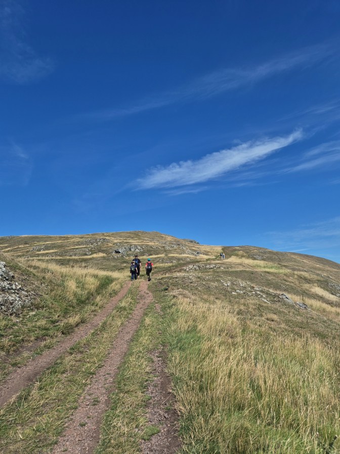 a family walk along a coastal path on the cliff edges