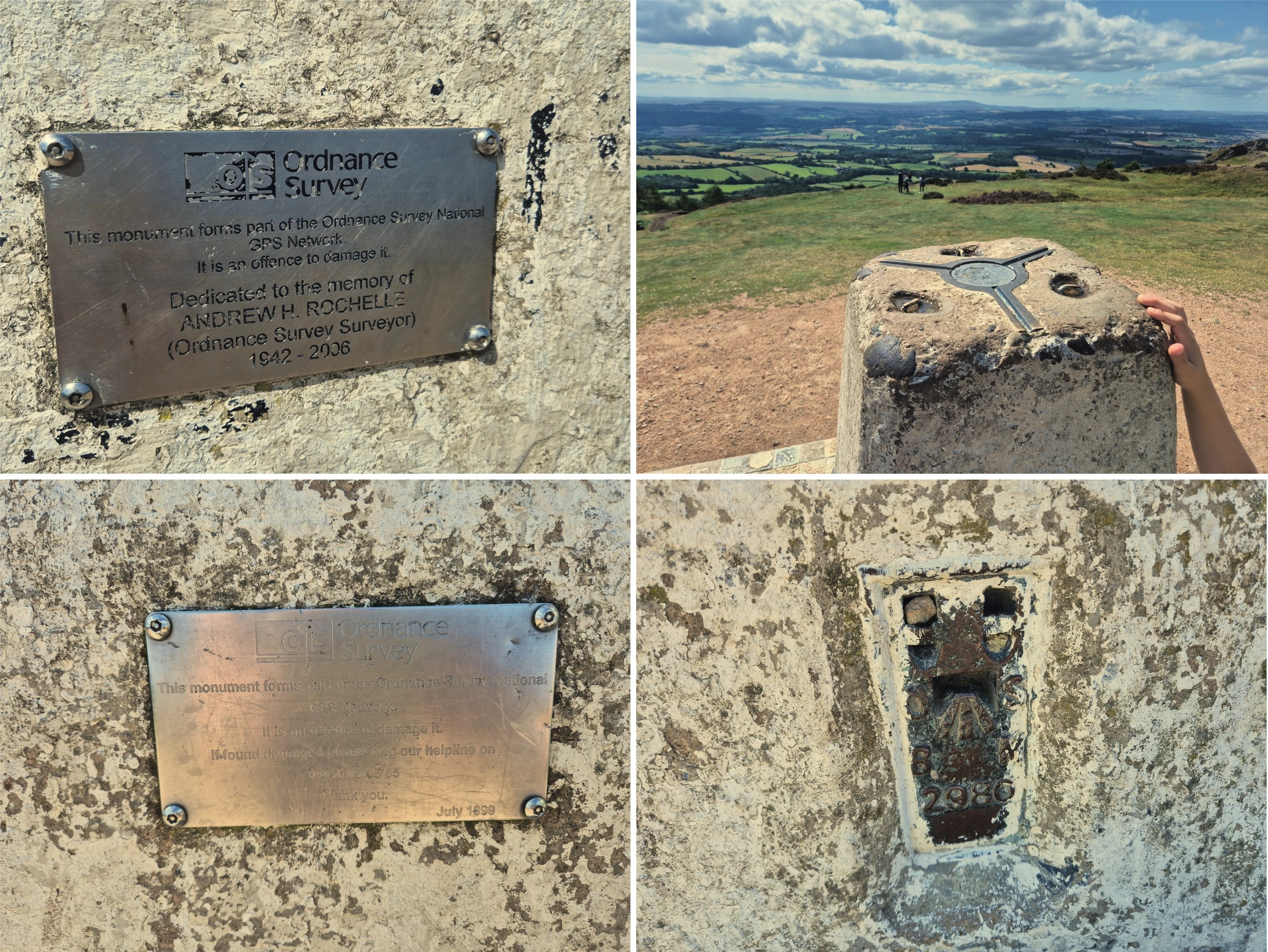Various photos of the trig point at the top of the wrekin with far reaching views