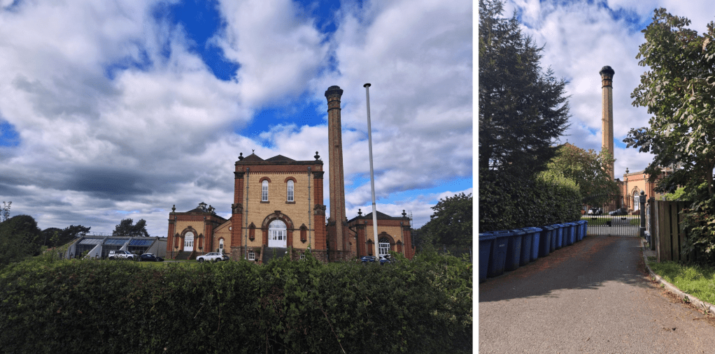 A water tower emerges from some hedges