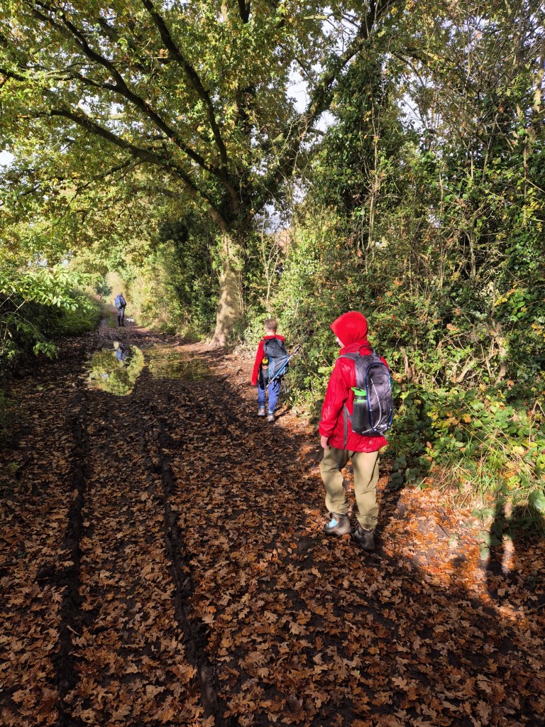 2 boys walk down a really muddy and wet lane