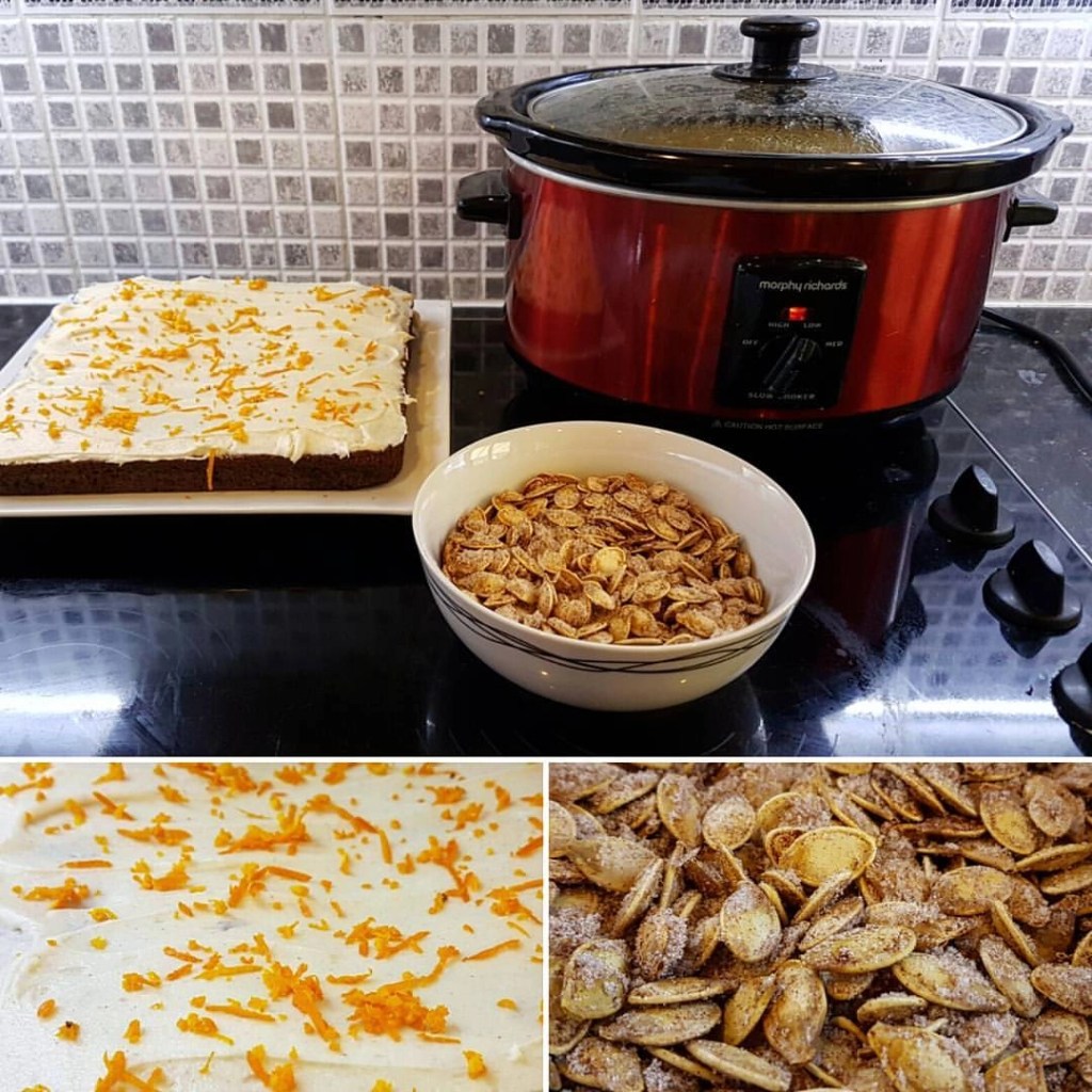 a montage of pumpkin created foods including pumpkin seeds and pumpkin cake with cicing and pumpkin soup in a red slow cooker
