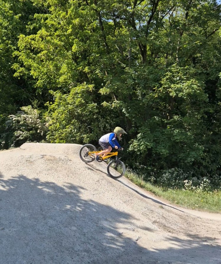 A young child in a helmet and blue jacket rides a yellow bike down a gravel jump at a pump track, with tall green trees and wildflowers in the background on a sunny day.