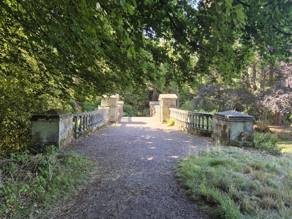 An old ornate bridge surrounded by woodland at weston park