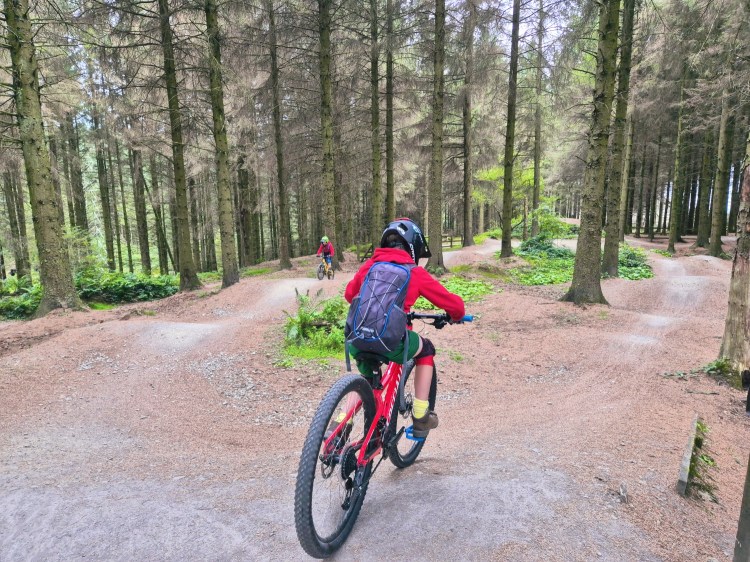 Two boys on mountain bikes biking around a pump track