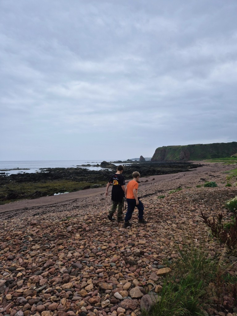 Two boys walking along a rocky coastline with cliffs in the distance.