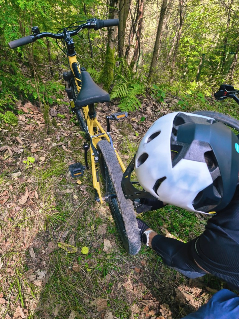 Close-up of a mountain bike derailleur repair stop on the trail.
