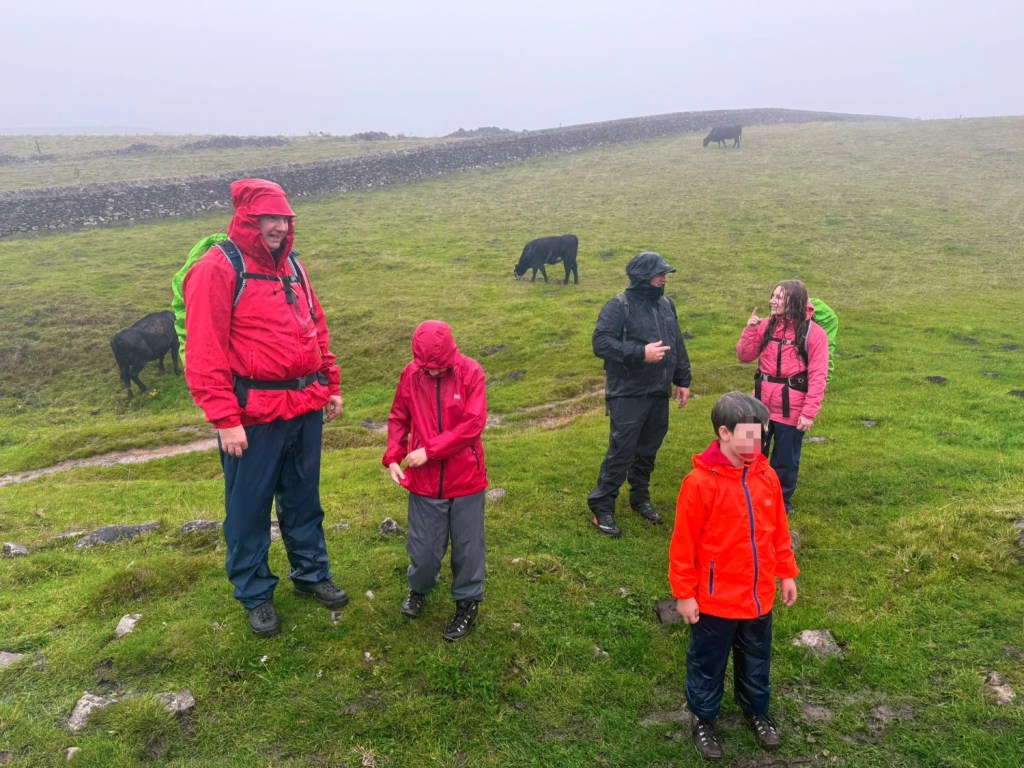 Five walkers in red and pink waterproofs pausing on a wet, grassy slope with sheep grazing nearby.
